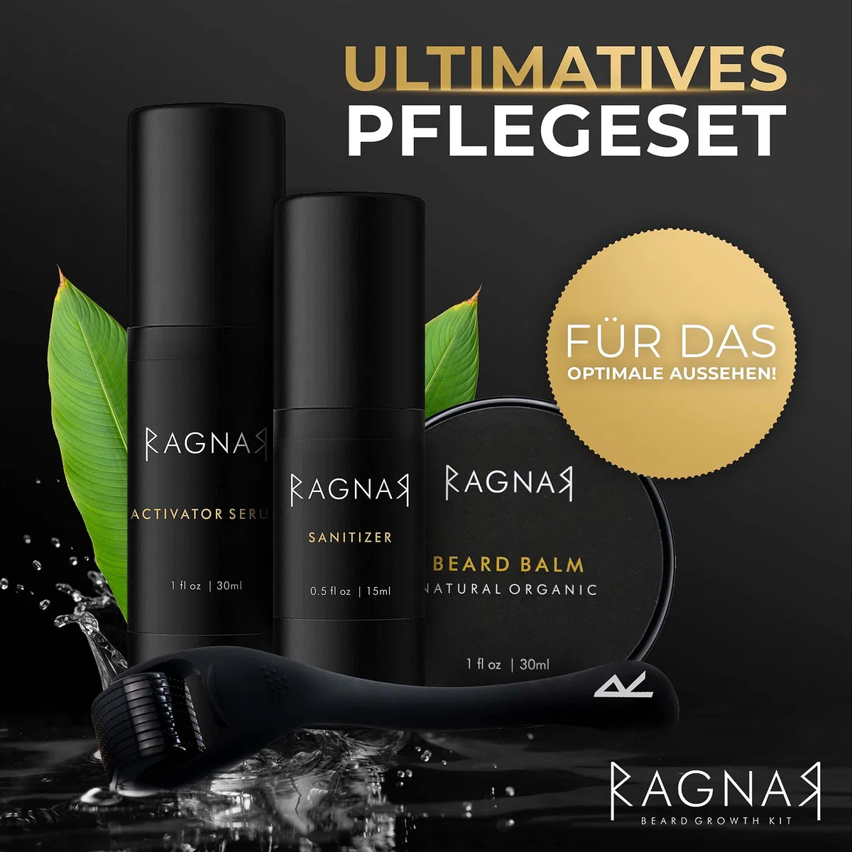 RAGNAR - Bart Set | Bartwuchsmittel für Männer | Bartwuchs fördern | Bartlücken schließen | Bartwachstumsserum | Bartroller + Gratis Bartbalsam/Bartwachs