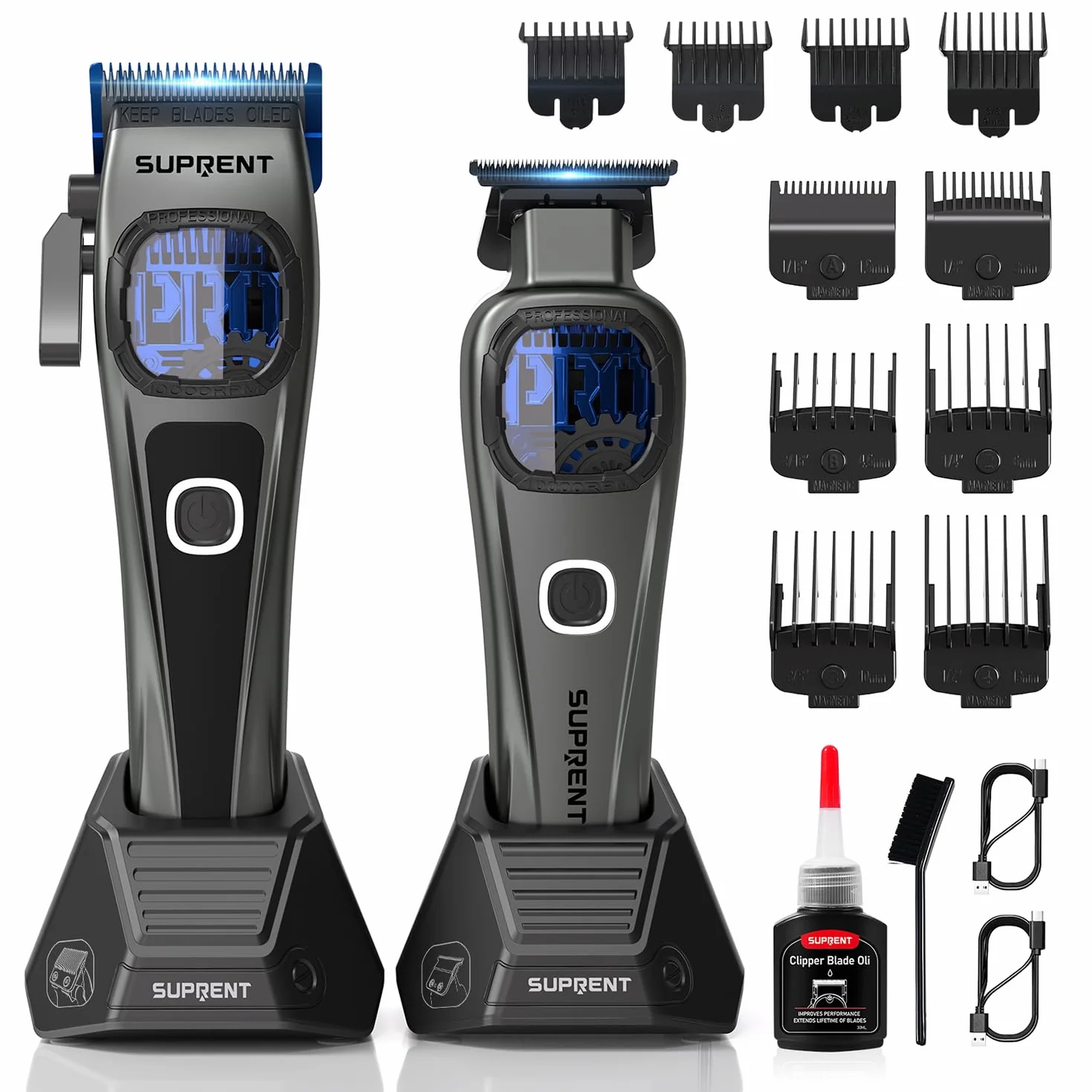 SUPRENT Haarschneidemaschine Herren Profi Titanbeschichtete Fade-Klinge Einstellbares Zero-Gap T-Blade 5 Längenstufen 2500mAh Akku Typ-C Ladestation