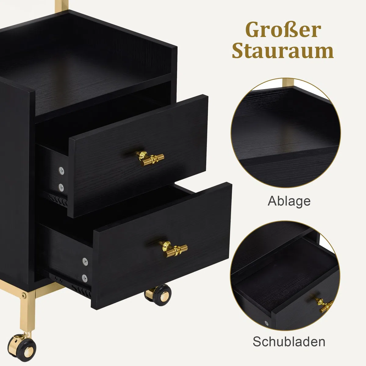 Barberpub Friseurwagen mit Rollen & 2 Schubladen, Salon Trolley mit 2 Ablagen & Föhnhalter, 32x37x87cm, Schwarz-Gold