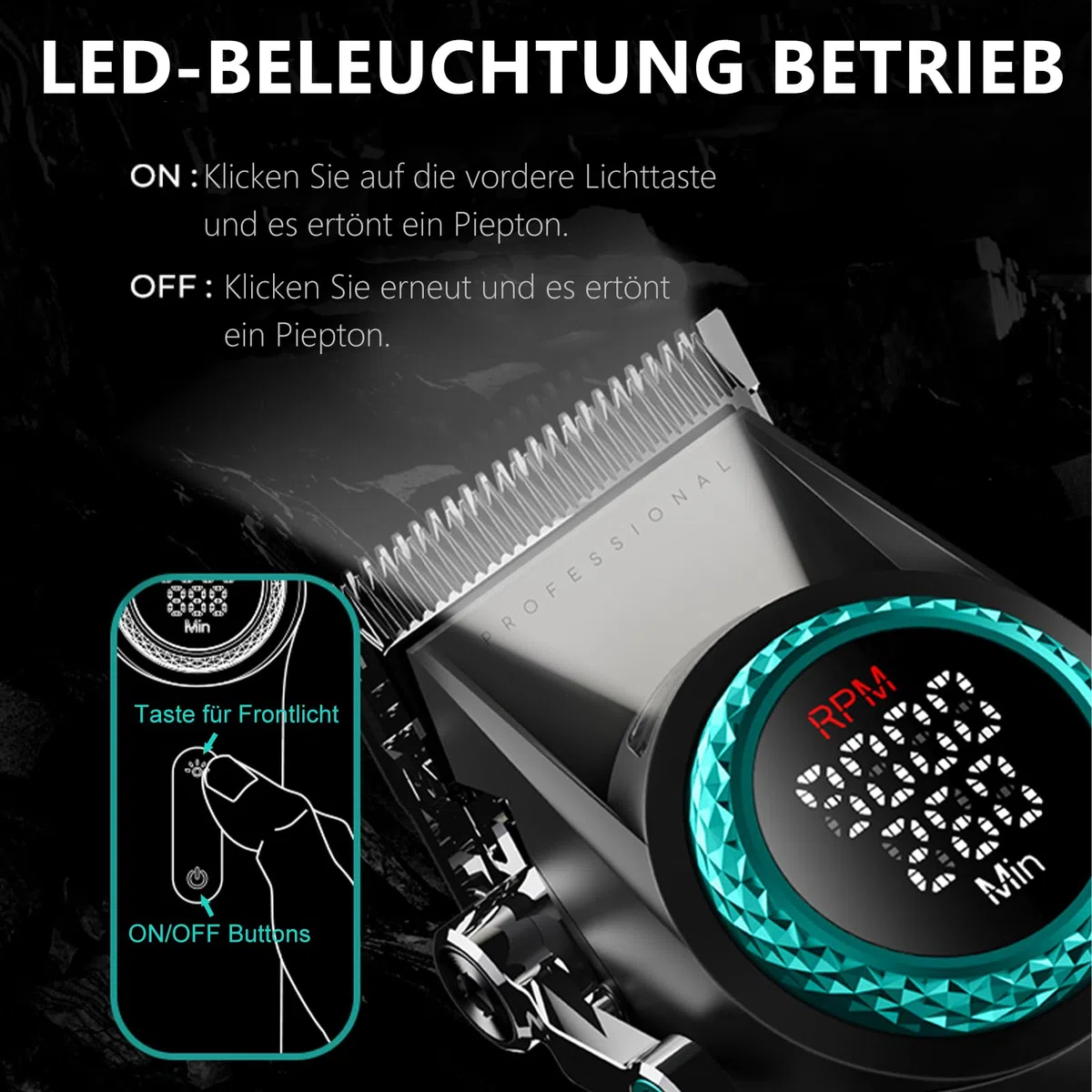 VGR 001 Professionelle Haarschneidemaschine für Männer, Schnurlose Friseurschermaschine zum Haarschneiden, Karbonstahlklinge Haarschneider für Barbiere, 9000 U/min, LED-Anzeige, Schwarz