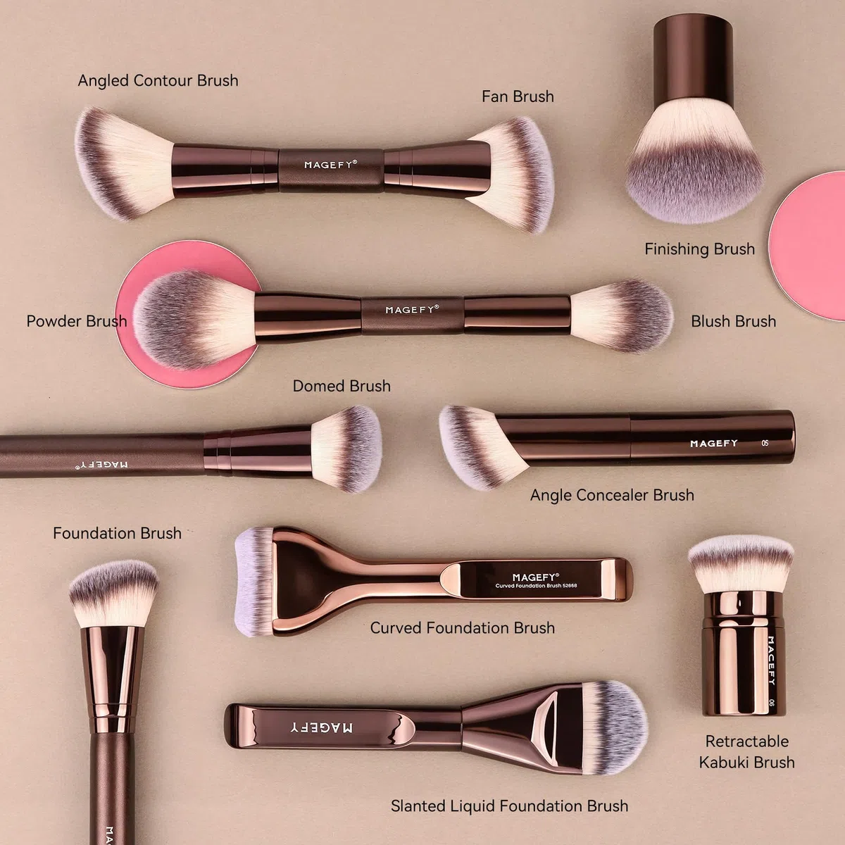 MAGEFY Make-up Pinsel 26-in-20 Professionelles Makeup Pinselset Doppelseitige Make-up-Pinsel für Puder, Concealer, Lidschatten, Rouge und Konturierung sowie Foundation Pinsel mit Etui - Kaffeegold