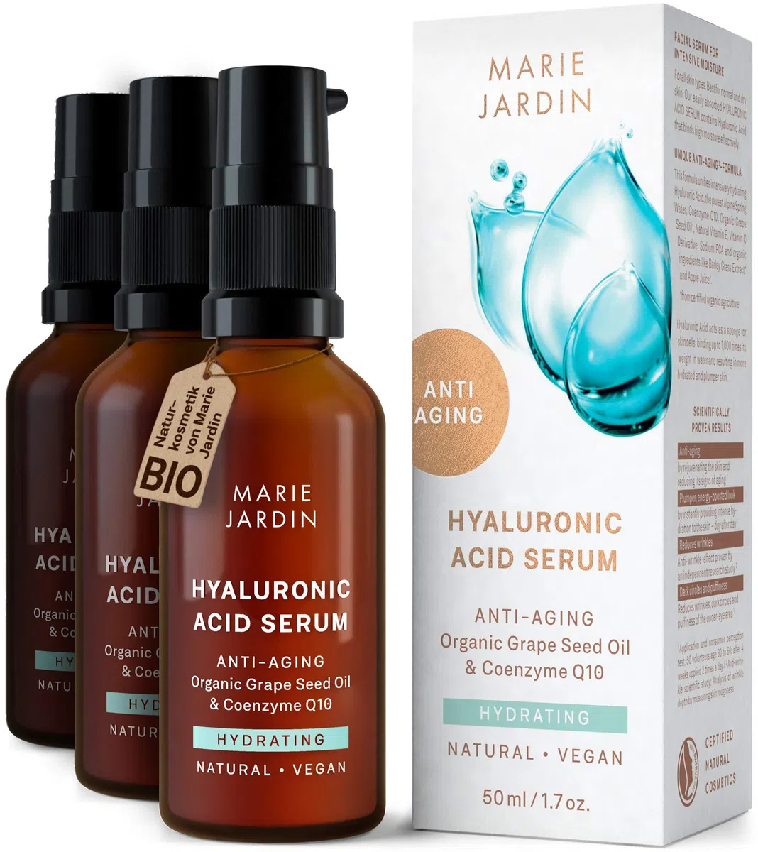 Hyaluron Serum mit Vitamin C und Q10, hochdosiert, 150 ml, mit geprüftem 5-fach Anti-Aging-Komplex, Basis für Make-up, Dreierpackung 3x50ml