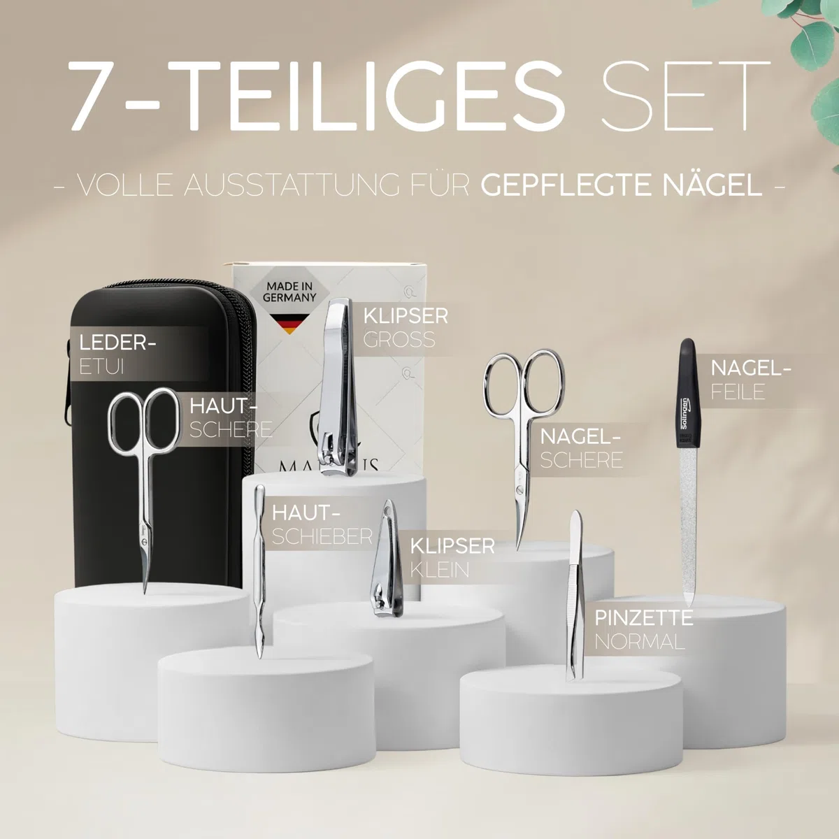 Solingen Maniküre-Set - Vergleichsgewinner mit bestem Preis/Leistung - Echtes Ledertasche praktisch und weich - 7-teiliger kompletter Satz für Damen und Herren MarQus aus glänzendem vernickeltem Stahl