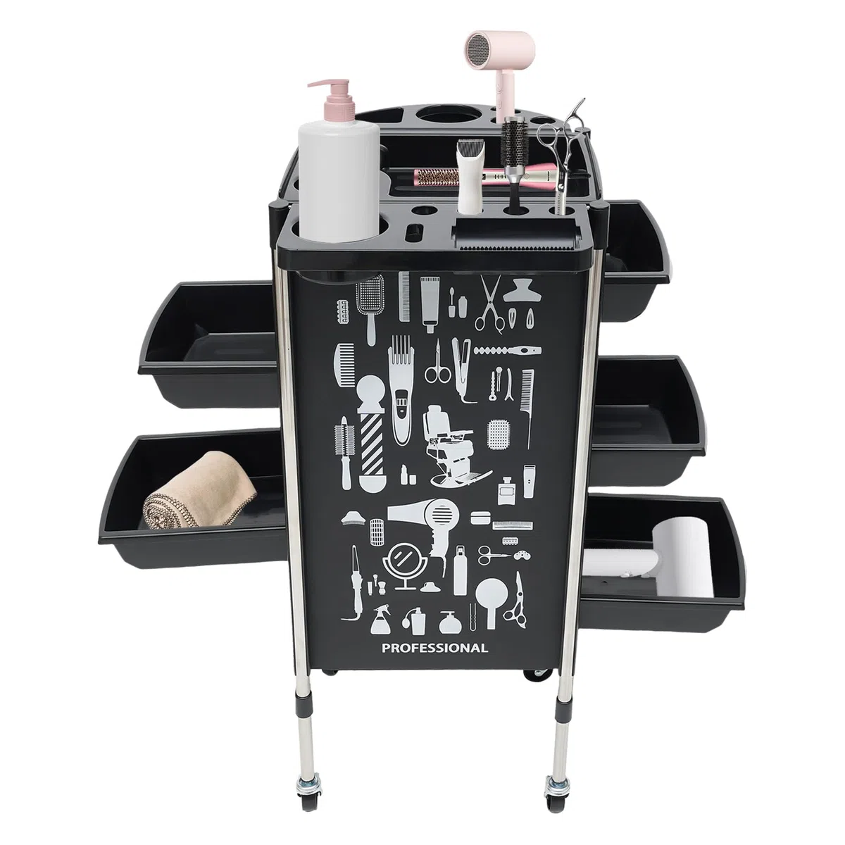 Friseurwagen, Arbeitswagen Rollwagen, mit 5 Schubladen Salon Trolley für Beauty Salon, Salonhilfe Friseur Arbeitswagen Wagen, Schwarz