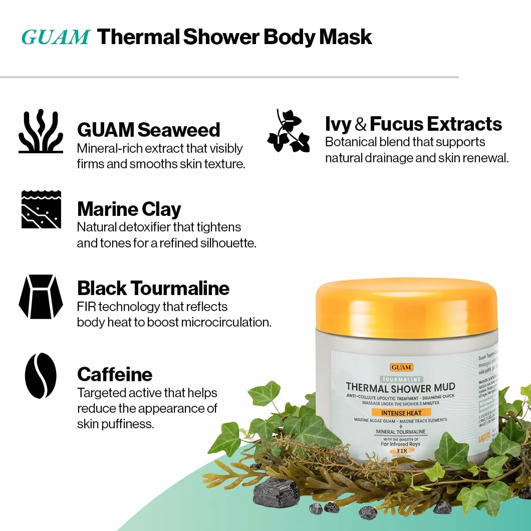Guam, Tourmaline Thermal Duschschlamm FIR, Lipolytische, Anticellulite und entwässernde Behandlung mit intensiver Wärme und Schneller Massage unter der Dusche, Made in Italy, 500 g Packung