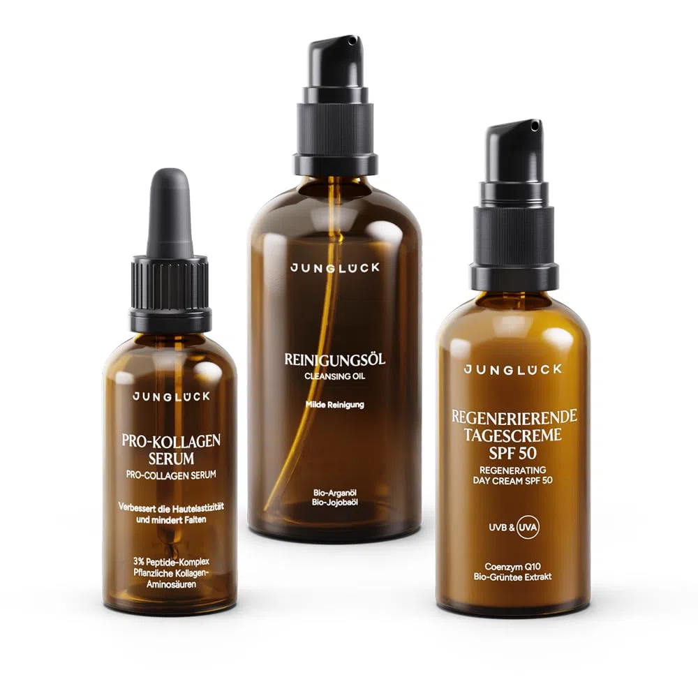JUNGLÜCK Set Linien & Falten minimieren SPF 50 | Reinigungsöl + Pro-Kollagen Serum + Regenerierende Tagescreme SPF 50 – strafft & schützt vor UV