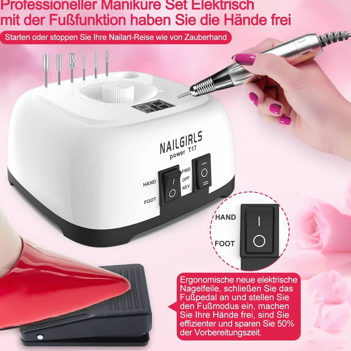 NAILGIRLS Elektrische Nagelfräser, 11 in 1 Nagelfräser für Gelnägel, 35000 U/min, Leise, mit LCD-Display und Fußpedal, Maniküre Set Elektrisch, Maniküre Pediküre Set für Anfänger & Profis(Weiß)