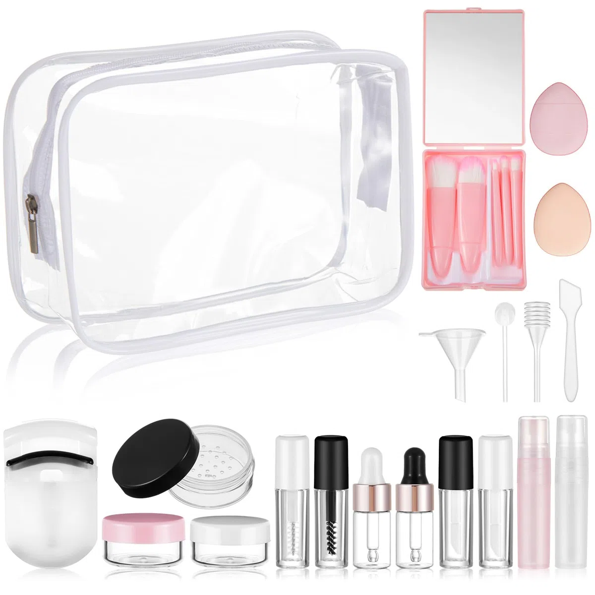 Maxdot 20 Stück Reise-Make-up-Behälter-Set, Mini-Make-up-Pinsel, leere Flaschen mit Finger-Puff-Spateln, auslaufsicher, nachfüllbar, Kosmetikzubehör für flüssige Toilettenartikel, Hautpflege, Shampoo,