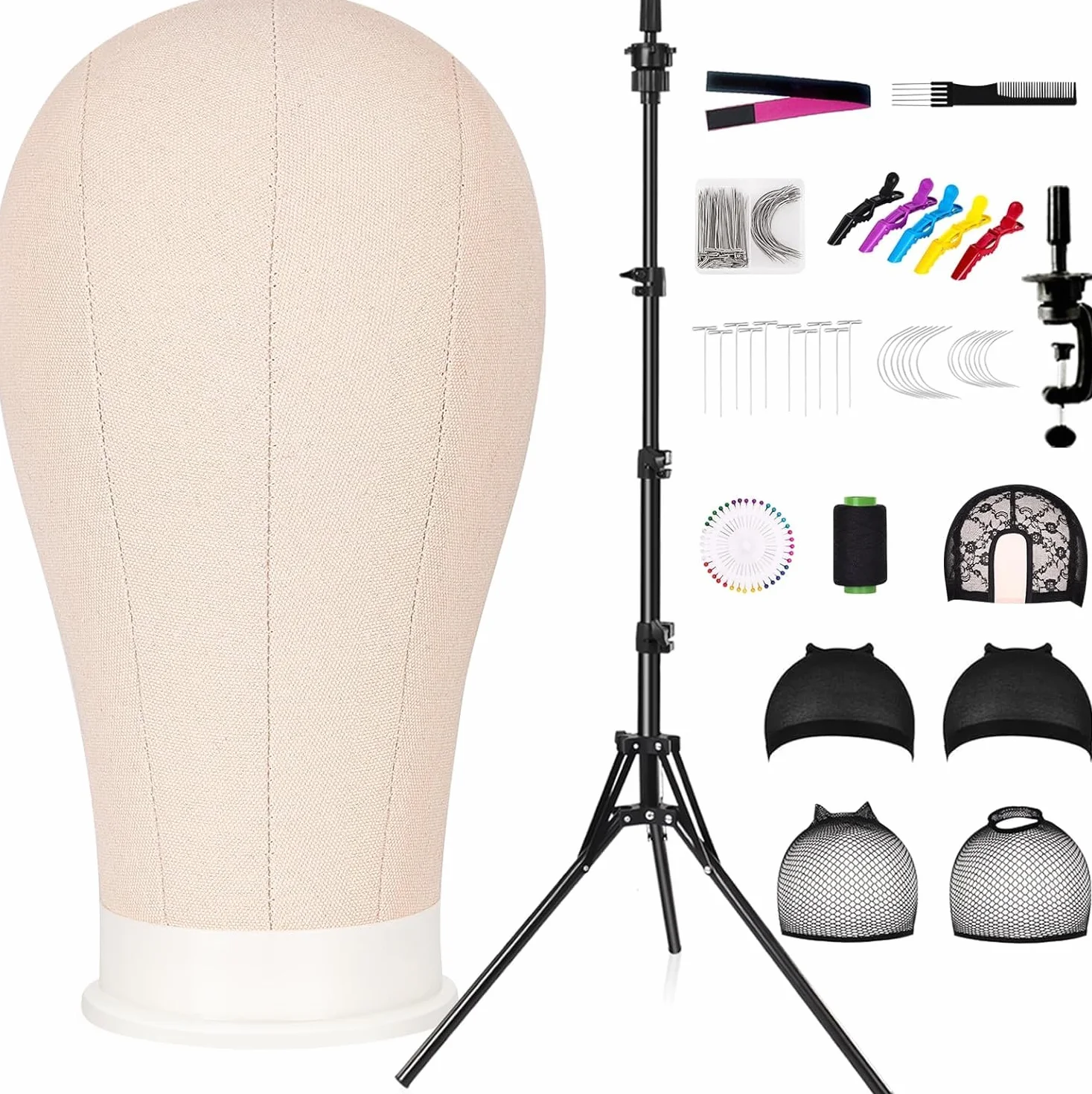 Perückenkopf 22 Inch (55.8cm) Dekokopf mit Perückenständer 160cm, Mannequin Kopf mit Übungskopf Ständer, Tischklammer, T-Stifte, Haarbürste, Beige
