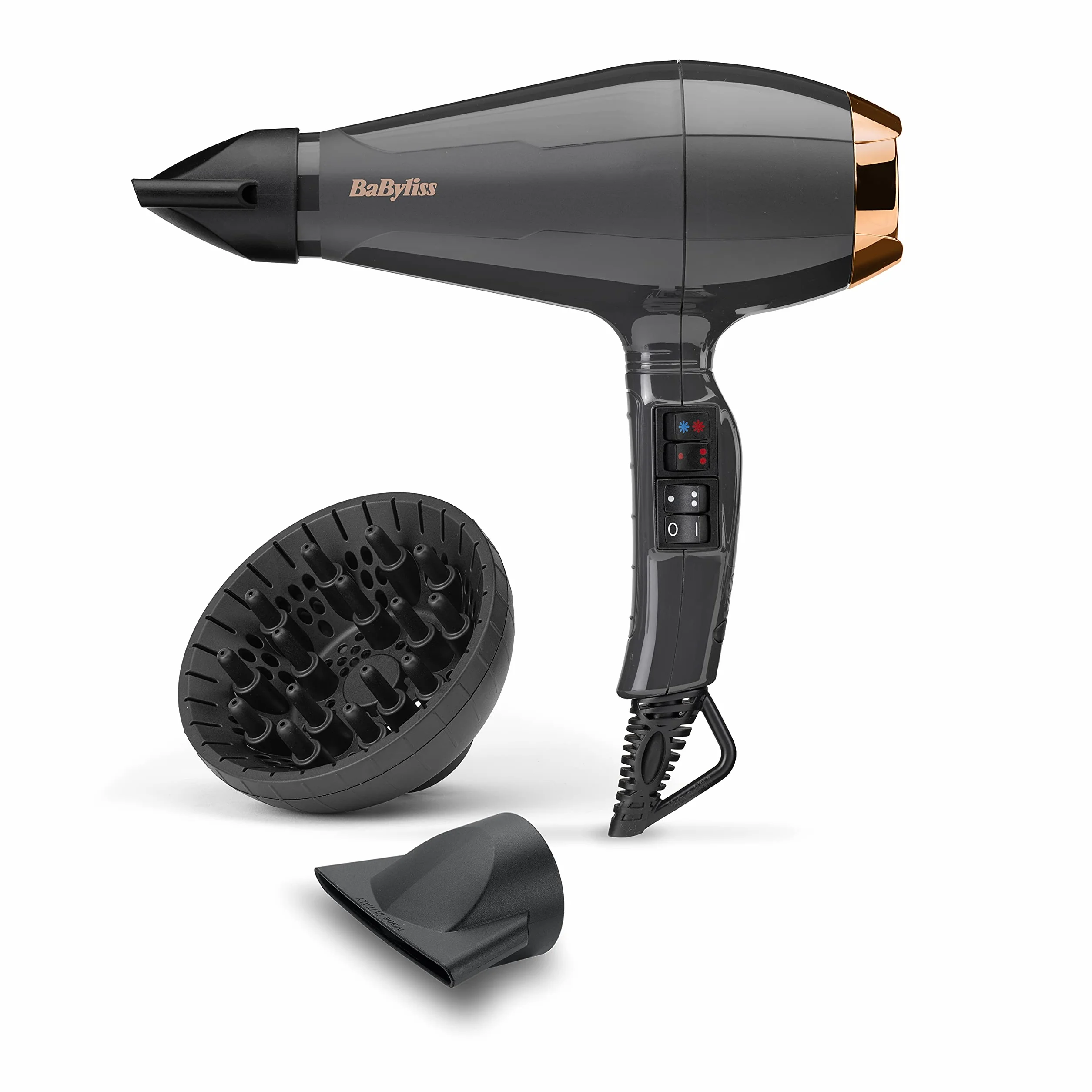 BaByliss Italian Air Pro Föhn mit Diffusor – Hergestellt in Italien, 2200W Hochleistungs-Haarföhn, Ionen Anti-Frizz-Technologie, 2 Temperatur- und 2 Geschwindigkeitsstufen, Schwarz, 6719DE
