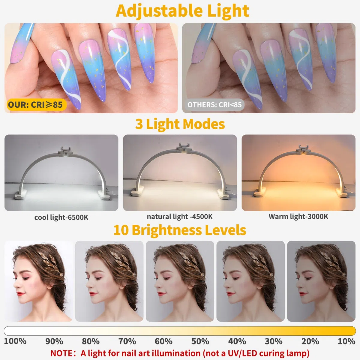 CGBE Desktop Halbmondlampe für Nägel mit Handyhalter für Nageltechniker | 30 Zoll - 45 W - 3000-6500K Dimmbar Mit 3 Farbmodi - Faltbare Tischlampe für Kosmetiker Maniküre Tattoo - Weiß