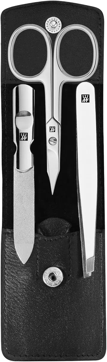 ZWILLING Maniküre-Set (3 teilig, Pediküreset für Nagelpflege und Nagelhautpflege, Leder, mit Nagelschere), Edelstahl Poliert, Schwarz