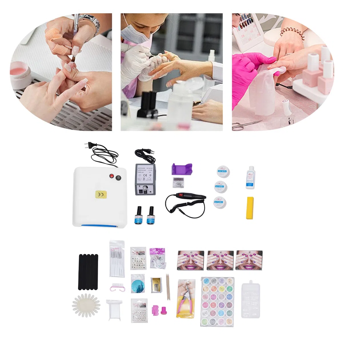 Nagelstudio Set, Gelnägel Starterset mit 24 Farbgele, Bunte Strasssteine Maniküre UV-Lampe und Maniküre Werkzeugen Geeignet für Anfänger & Home-Salon