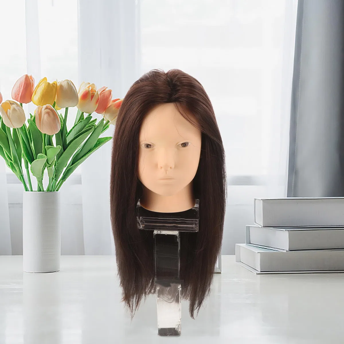 TEHAUX Frisierkopf Echthaar Übungskopf mit Halterung zum Haarstyling und Flechten Glatte Textur für Friseurschule und Salonpraxis
