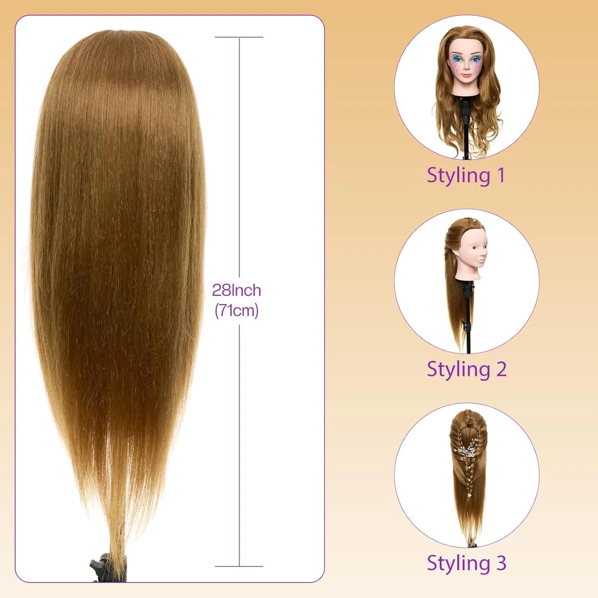 Neverland 24 Zoll Schminkkopf Frisierkopf mit Ständer 80% Echthaar Übungskopf Trainingsköpfe Friseurkopf mit Halter + Hair Styling Braid Set