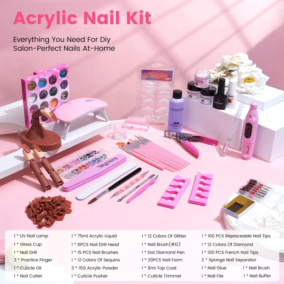 Acryl-Nagel-Set für Anfänger mit allem: Nagel-Acrylpulver-Flüssigkeitsset mit 3 Übungsfingern, Bohrer, UV-Lampe – Nagelkunst-Starter-Kits in rosa Tasche für Frauen, Mädchen, Zuhause, Salon, DIY