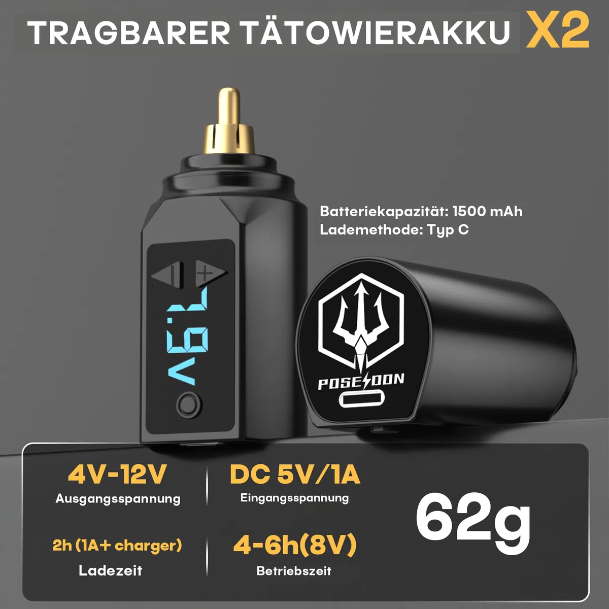 POSEIDON Akku-Rotary Tattoo Machine Kit mit 20 Tattoo-Kartuschennadeln, Tintenset & 2 Akkus | Professionelles Tattoo-Gerät für Anfänger | Komplettes Starter-Set