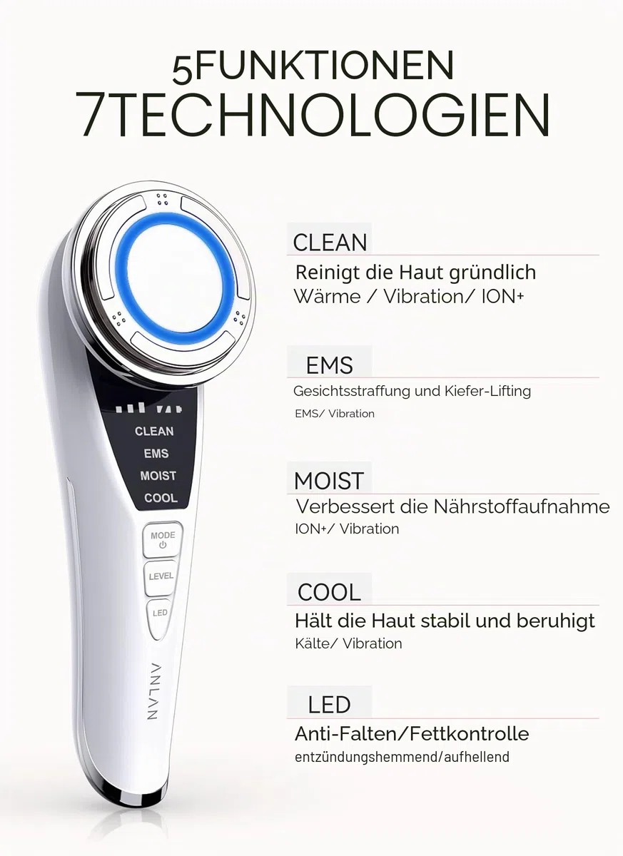 ANLAN 5in1 Gesichtsmassagegerät LED Lichttherapie Heat Cool Vibration EMS Anti Falten Anti Aging Gesichtsreinigung