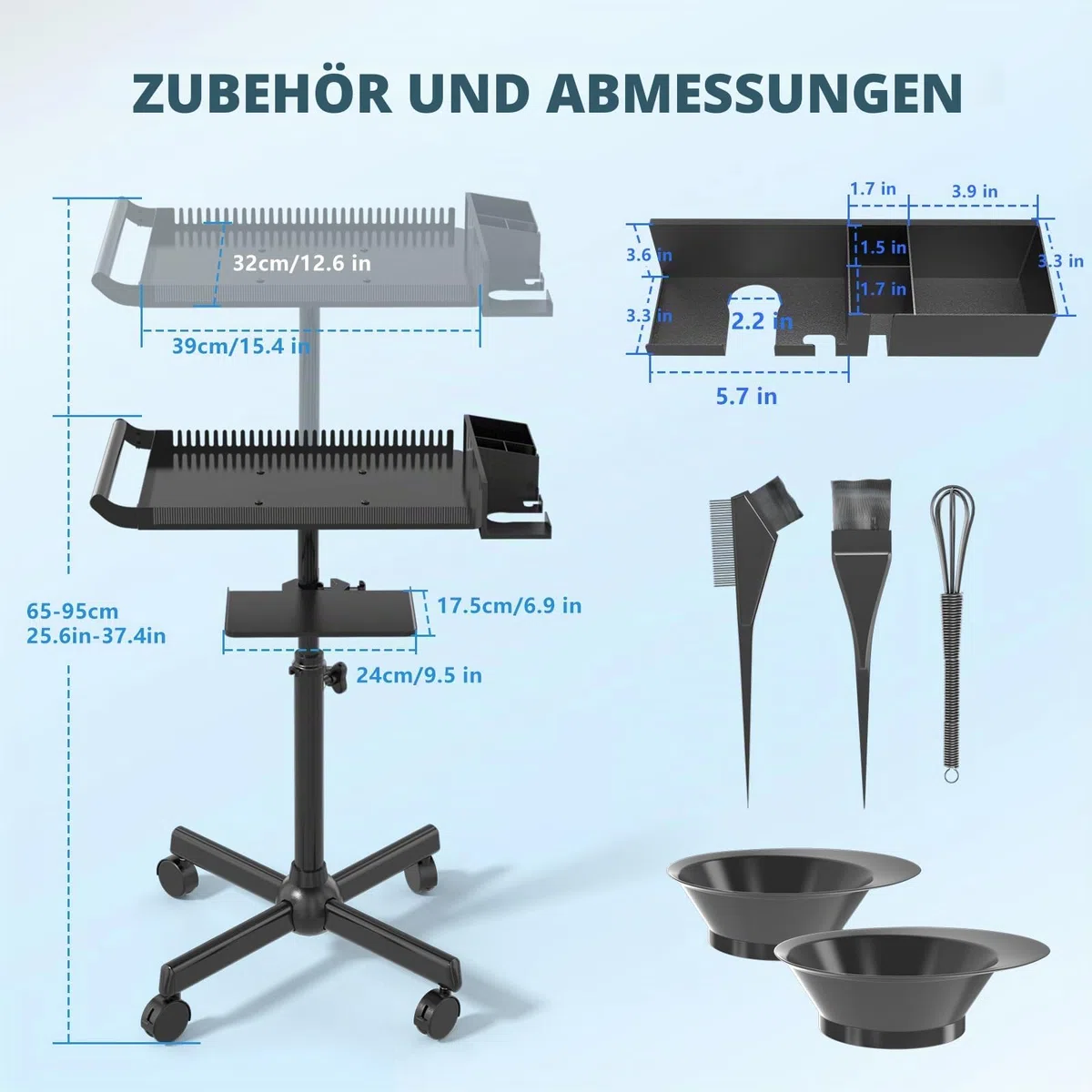 Friseurtablett mit Rollen, verstellbares Aufbewahrungstablett mit Ständer und Haartrennständer