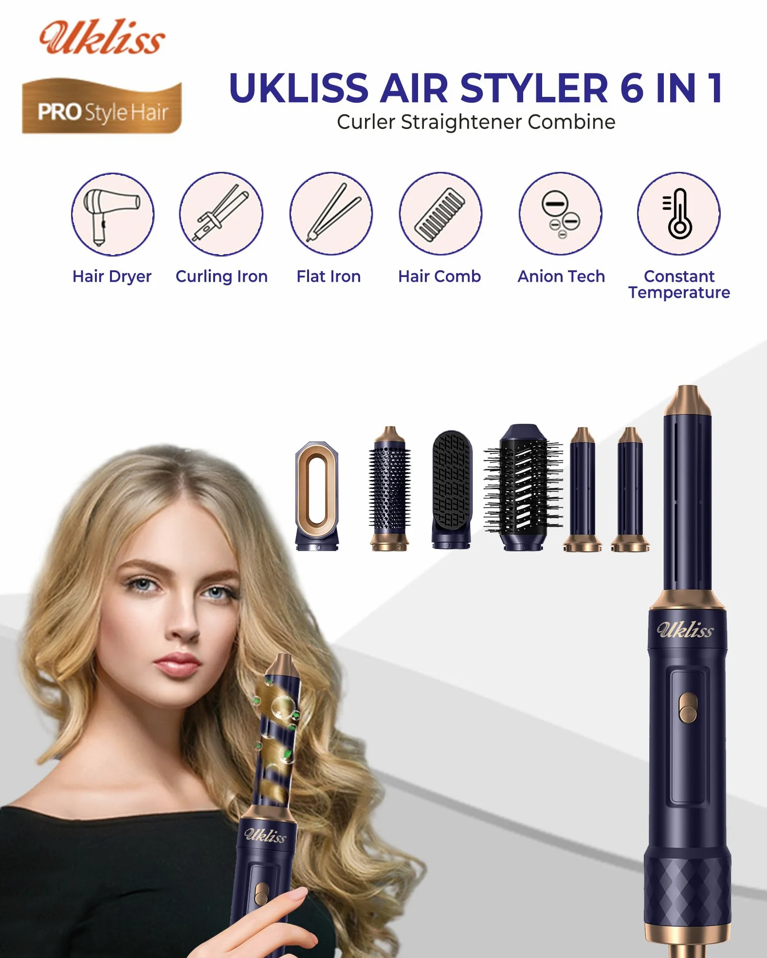 UKLISS Hair Styler 6 in 1, Haartrockner & Haarstyler Set mit Automatisch Wrap Lockenbürste, Thermal brush, Rundbürstenföhn, Warmluftbürste, Hair Dryer, Gesckenke für Frauen Haar Styling