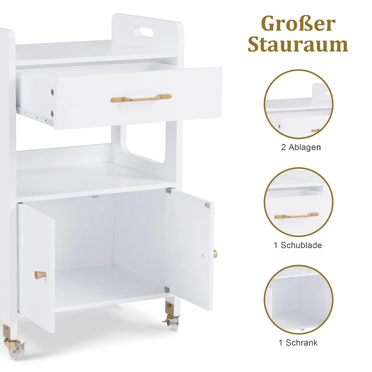 M MCombo Servierwagen mit Rollen & Schubladen, Rollwagen Friseurwagen Weiß, Salon Trolley 35x48x80,5 cm