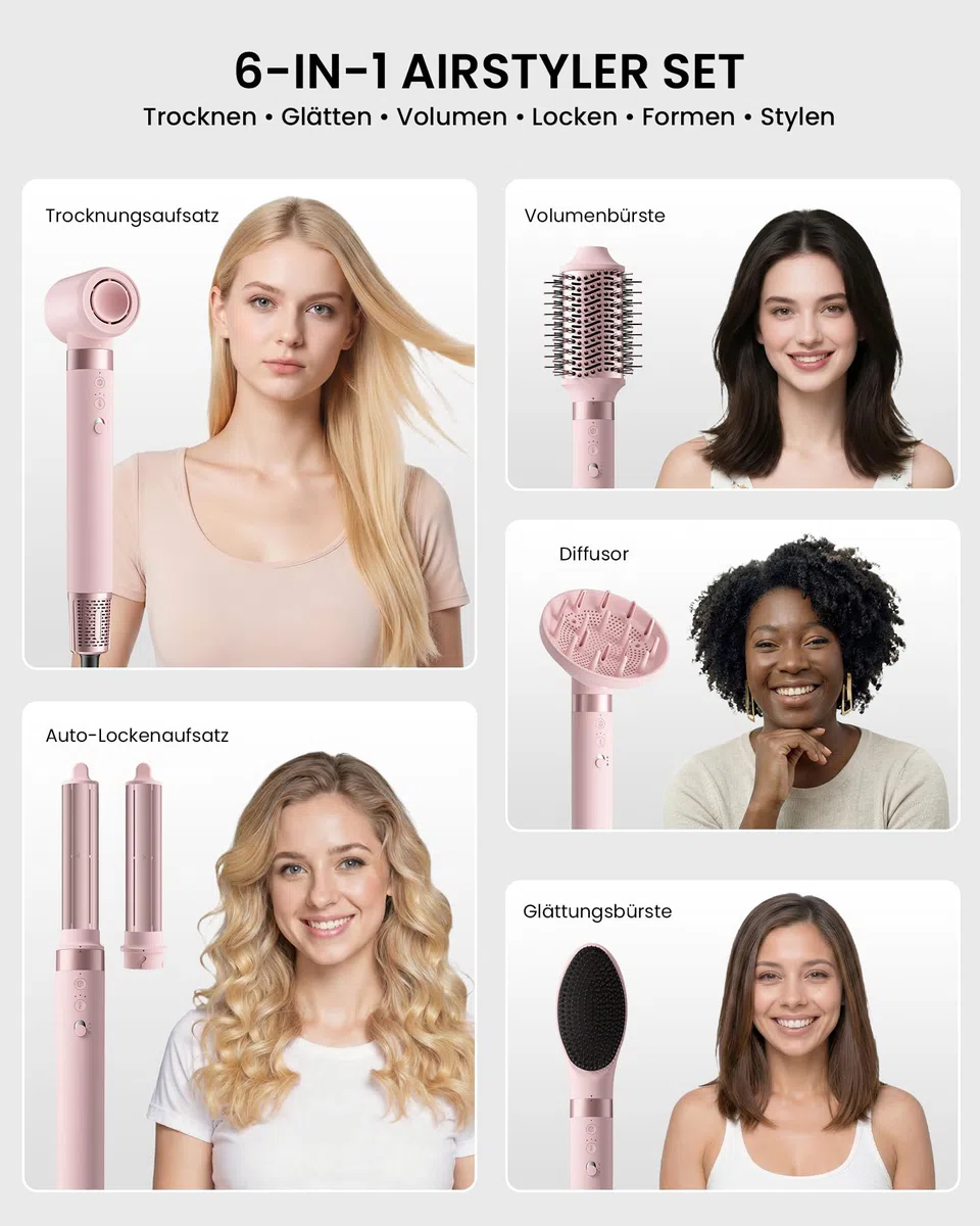 MESCOMB 6-in-1 Airstyler mit Diffusor, Warmluftbürste mit Auto-Wrap Lockenstab, Ionen Haartrockner Bürste mit Volumenbürste & Glättbürste, Hairstyler für Locken, Glätten, Volumen, mit Reisetasche