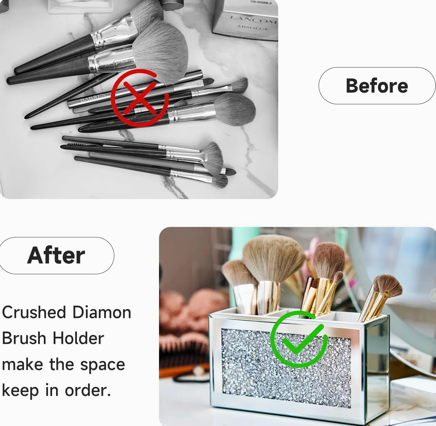 Kosmetik Make Up Organizer Make-up-Pinselhalter Mit 3 Fächern Für Vanity Cosmetic Storage Organizer Bling Crushed Diamond Eyeliners Eyebrow Vitrine Schmink Beauty Zubehör