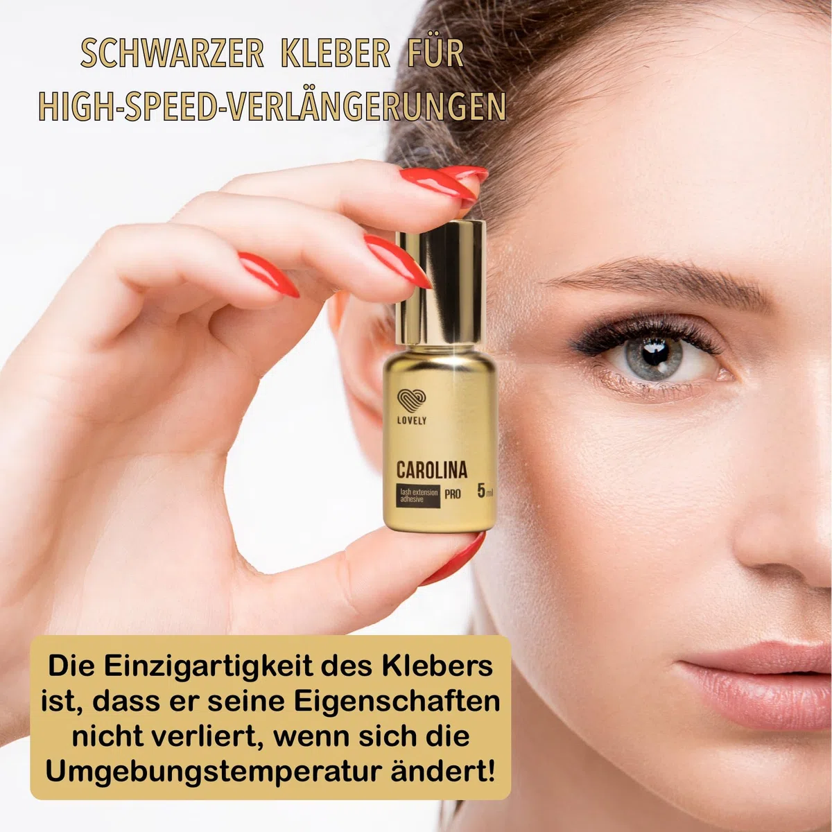 LOVELY Wimpernkleber CAROLINA - schneller Kleber Trocknungszeit 0,5 Sek. bis zu 8 Wochen Halt, Hypoallergen - Wimpernkleber für Wimpernverlängerung geeignet für Studios & Fremdanwendung - 5ml Schwarz