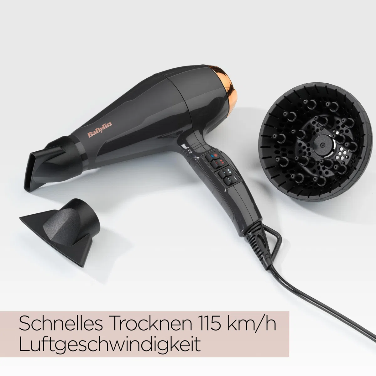 BaByliss Italian Air Pro Föhn mit Diffusor – Hergestellt in Italien, 2200W Hochleistungs-Haarföhn, Ionen Anti-Frizz-Technologie, 2 Temperatur- und 2 Geschwindigkeitsstufen, Schwarz, 6719DE