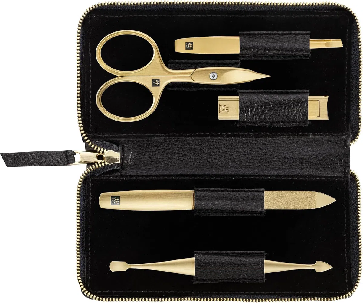 ZWILLING Maniküre-Set (5 teilig, schwarzes Echtleder Etui, Pflege für Hände und Füße, Reiseset, mit Nagelschere und Nagelknipser), Premium, Gold Edition