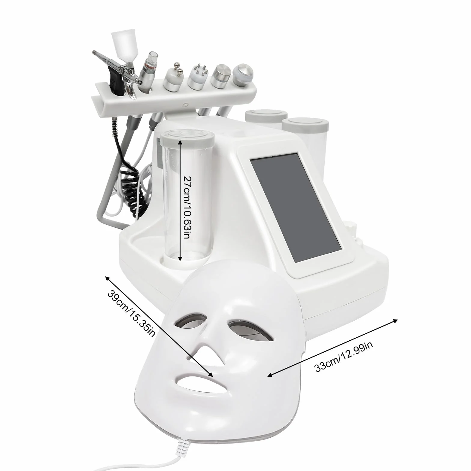 7-in-1 Hydro Dermabrasion Gerät mit LED-Maske, Weiß | 26W, LED-Touchdisplay, 4 Saugmodi, 6 Aufsätze, RF-, Ultraschall-, Kühl- und Mikrosonde, Salon & Zuhause