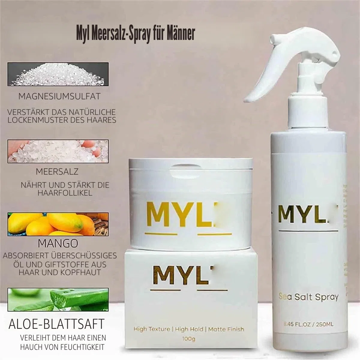 Generic Mylz Meersalz Spray für Männer, Mango Meersalz Spray & Ton Texture Pack, Herren Meersalz Haarspray & Haarton, Volumen Haarspray für alle Haare (Set)