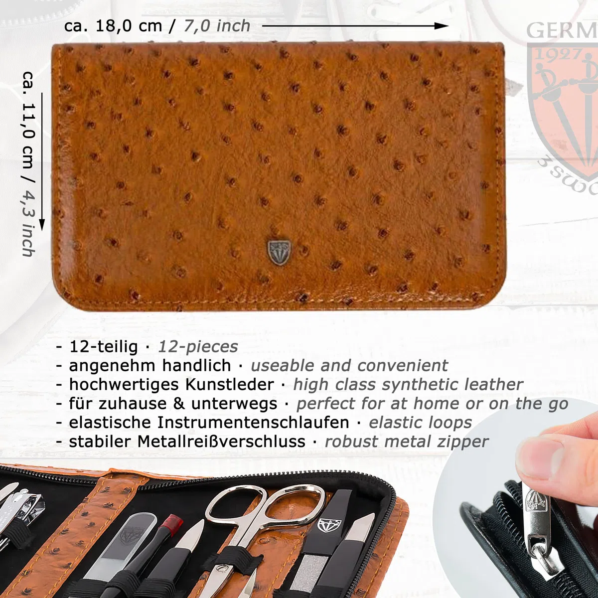 DREI SCHWERTER - 12-tlg. Nagel Set 'Palermo' | Hochwertiges Maniküre & Pediküre Nagel-Etui: Farbe: Kunst Leder Strauss-Cognac | Inhalt: 12 Instrumente inkl. Nagelschere, Nagelknipser, Glasfeile etc.