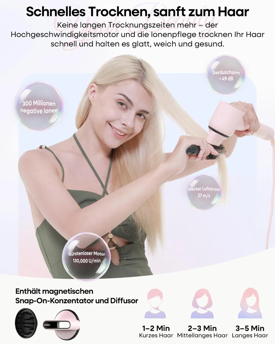 Airstyler 7 in 1 Ionen Föhn mit Diffusor Lockenstab Haartrockner Glätteisen Volumenbürste Warmluftbürste Reisetasche Rosa