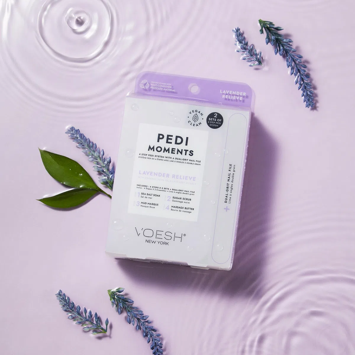 VOESH Pedi Moments Lavender Relieve – 4-Schritte Pediküre - Salzbad, Peeling, Schlammmaske, Massagebutter & Dual-grit Nagelfeile - Enthält 2 Sets