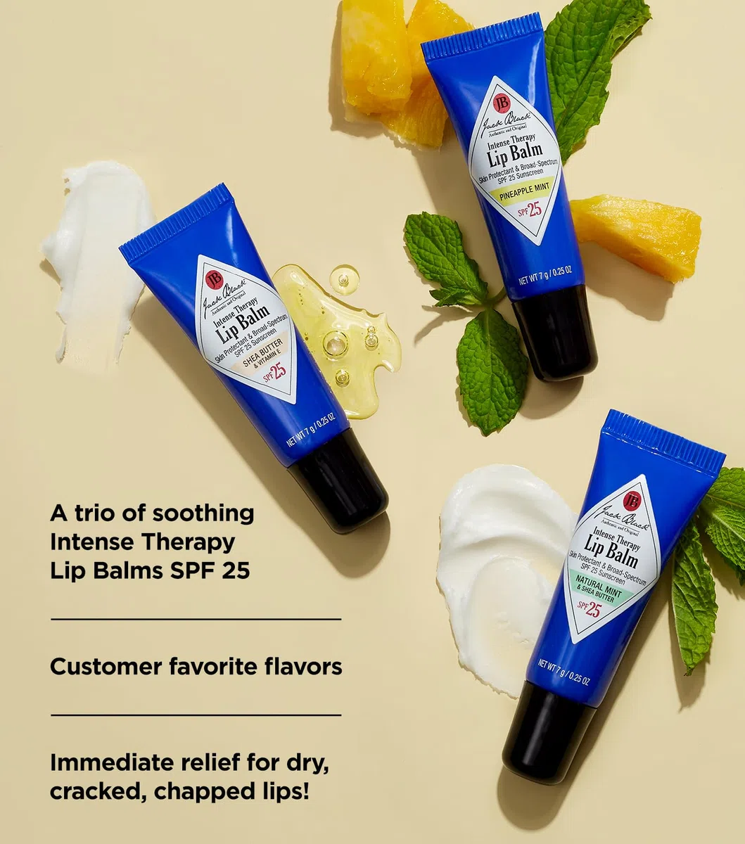 Jack Black Intense Therapy Lip Balm Trio mit recyclebarem, wiederverwendbarem Tin, 0,8 ml.