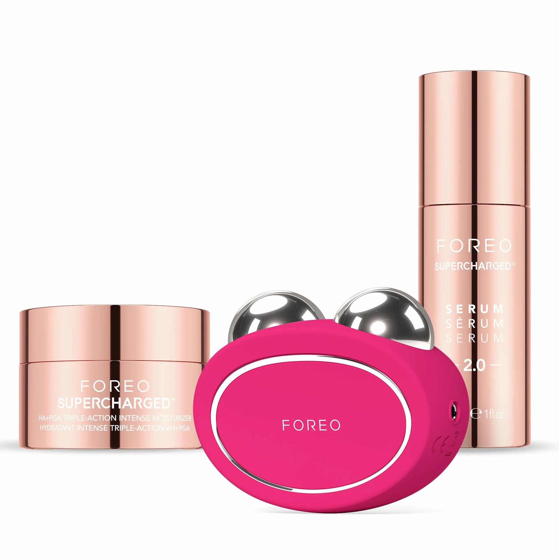 FOREO Total Facelift Set - BEAR 2 Fuchsia Mikrostrom-Gesichtsmassagegerät + SUPERCHARGED SERUM 2.0 30 ml + SUPERCHARGED HA+PGA Intensive Feuchtigkeitspflege mit 3X Wirkung 50 ml - Anti-Aging