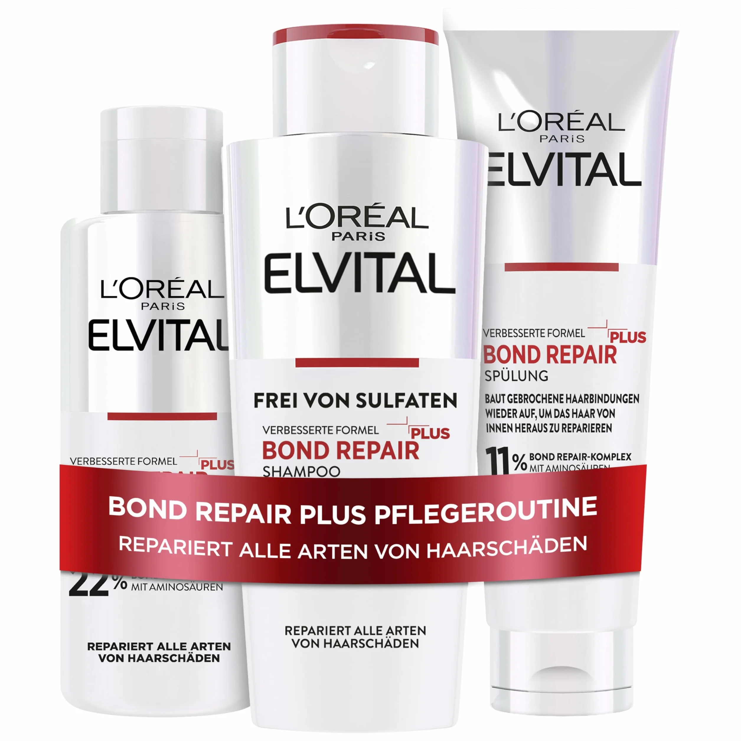 L'Oréal Paris Elvital Bond Repair Plus Routine zur Haarreparatur mit Pre-Shampoo, Shampoo & Spülung, Bundle, Schutz für weniger Haarbruch & mehr Glanz, mit Bond-Repair-Komplex & Aminosäuren, 3-teilig
