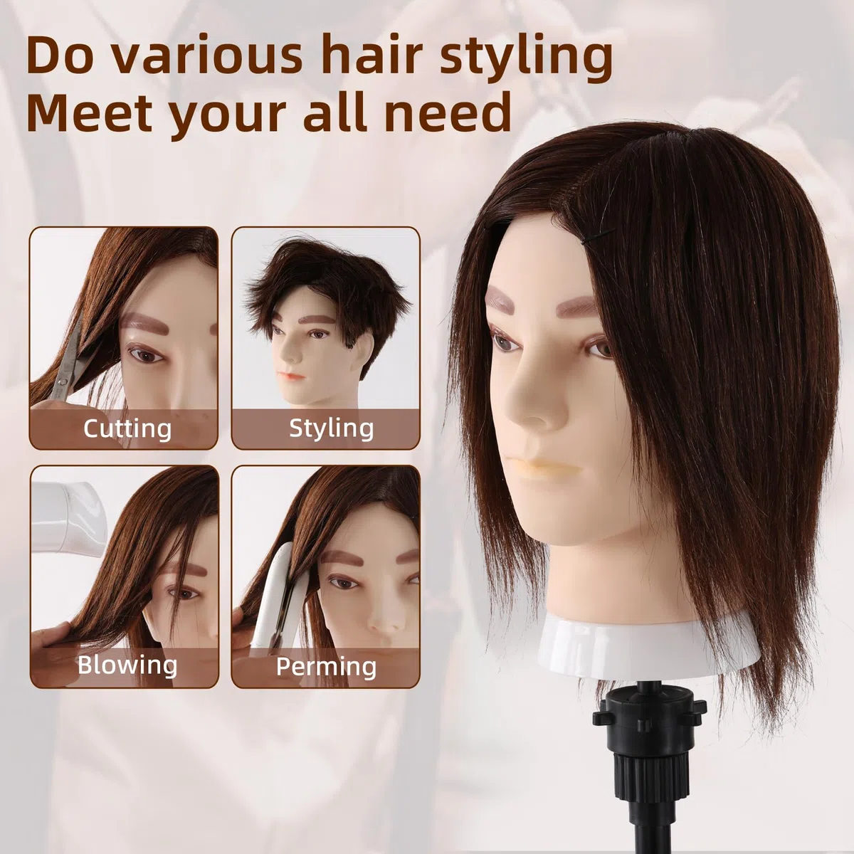 Mann Frisierkopf 100% Echthaar, Frisurenkopf Männlicher Haarschnitt Übungskopf mit Haar, Friseur Kopf Mannequin Head Puppenkopf mit Tischklemme und Kammgarnitur