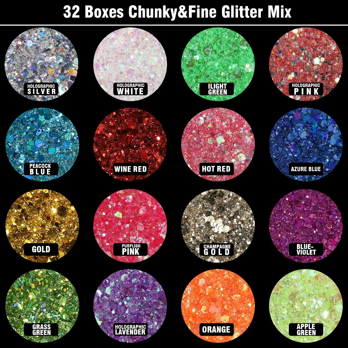 Festival Chunky and Fine Glitter Mix Teenitor 32 Farben Chunky Pailletten & Fine Glitter Powder Mix Irisierend Glitter Flakes Cosmetic Face Body Eye Hair Nail Art Resin Tumbler Glitter Loose Glitter