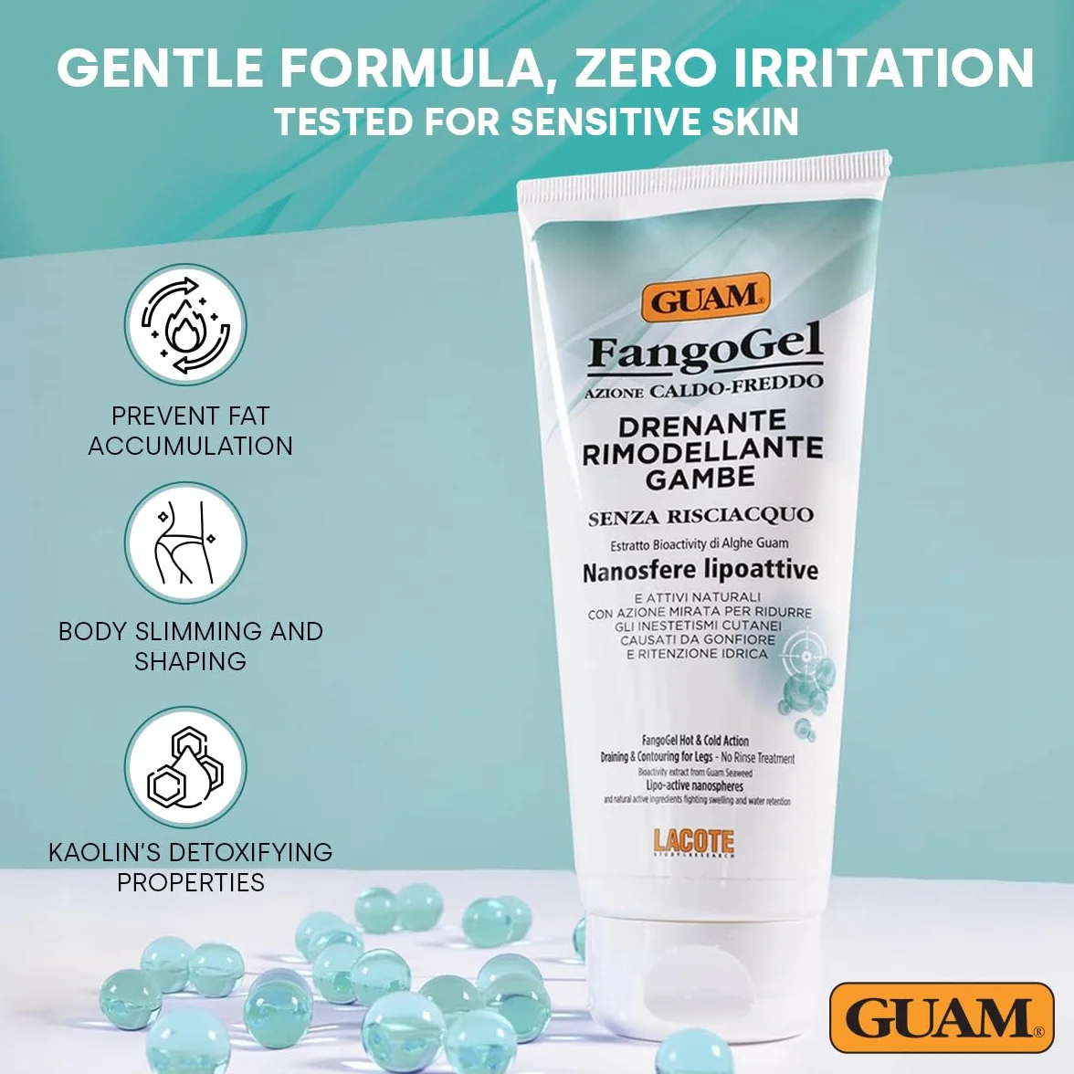 Guam, FangoGel Drainierende Modellierung für Beine, Wärmekälte-Wirkung, ohne Ausspülen, Reduziert Hautunebenheiten durch Schwellungen und Wasseransammlungen, Made in Italy, 200 ml Packung