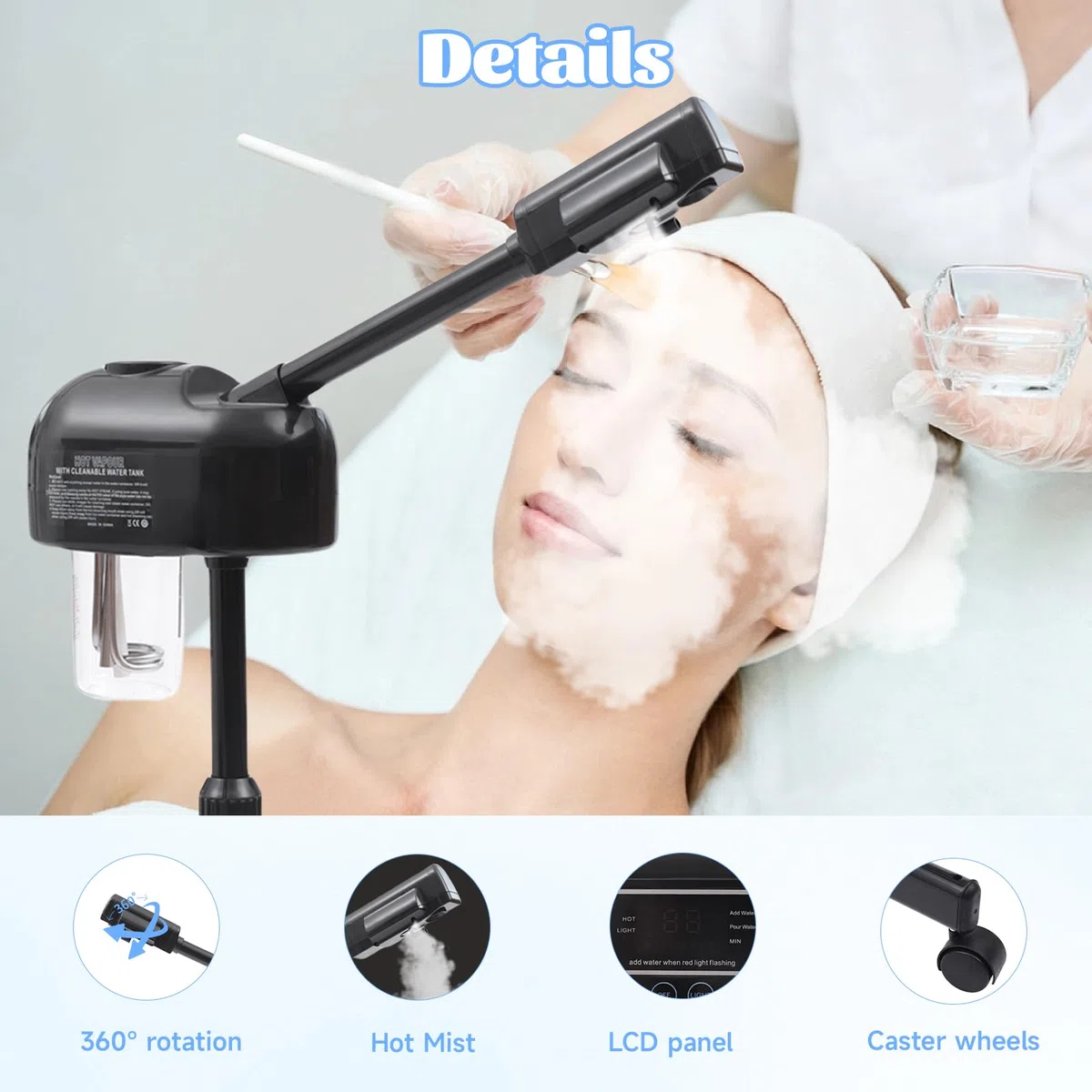Tragbarer Vapozon, ästhetisch, professionell, höhenverstellbar, Gesichtsdampf, mit LCD-Display und Rollen, geeignet für Schönheitssalons, zu Hause (schwarz)