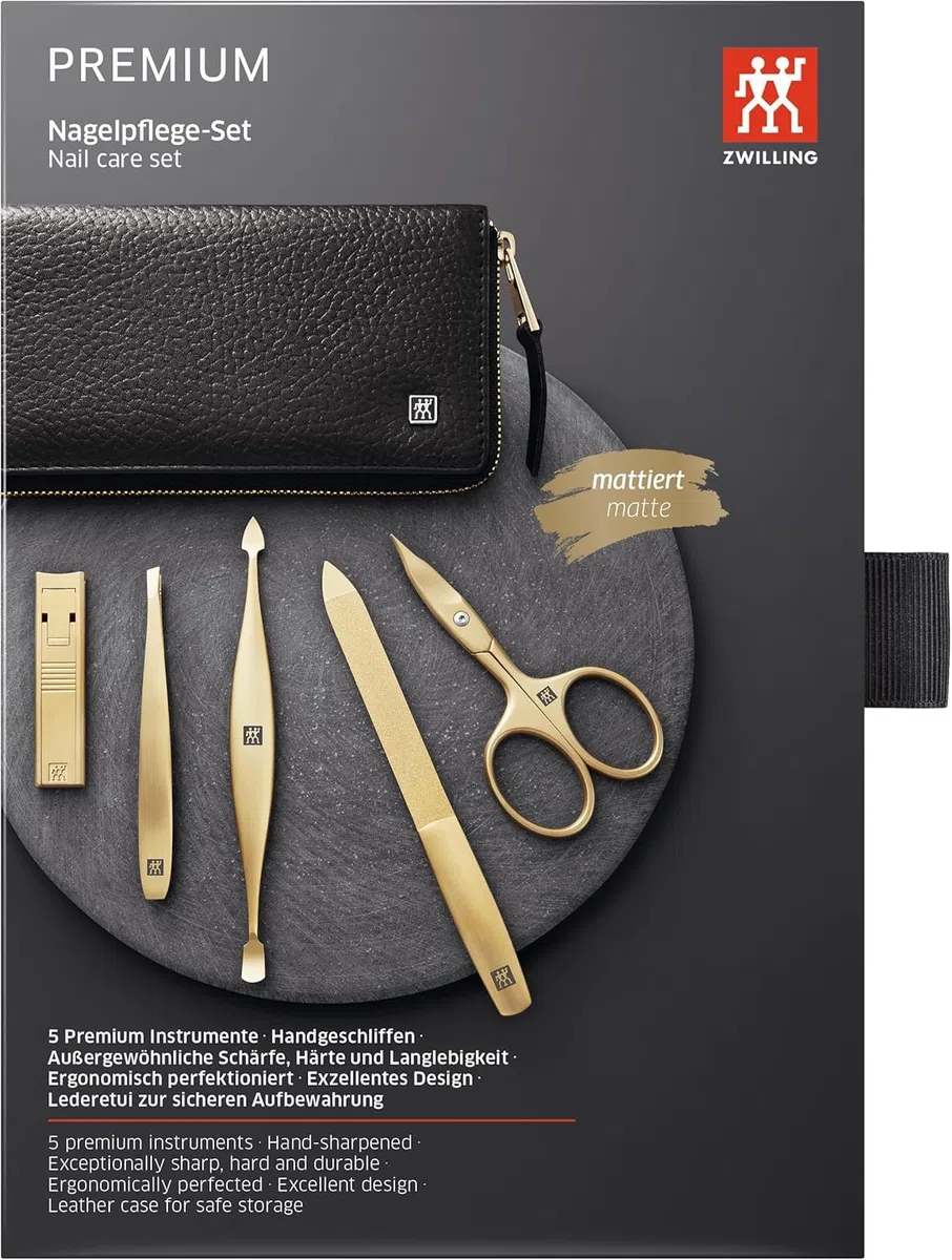 ZWILLING Maniküre-Set (5 teilig, schwarzes Echtleder Etui, Pflege für Hände und Füße, Reiseset, mit Nagelschere und Nagelknipser), Premium, Gold Edition