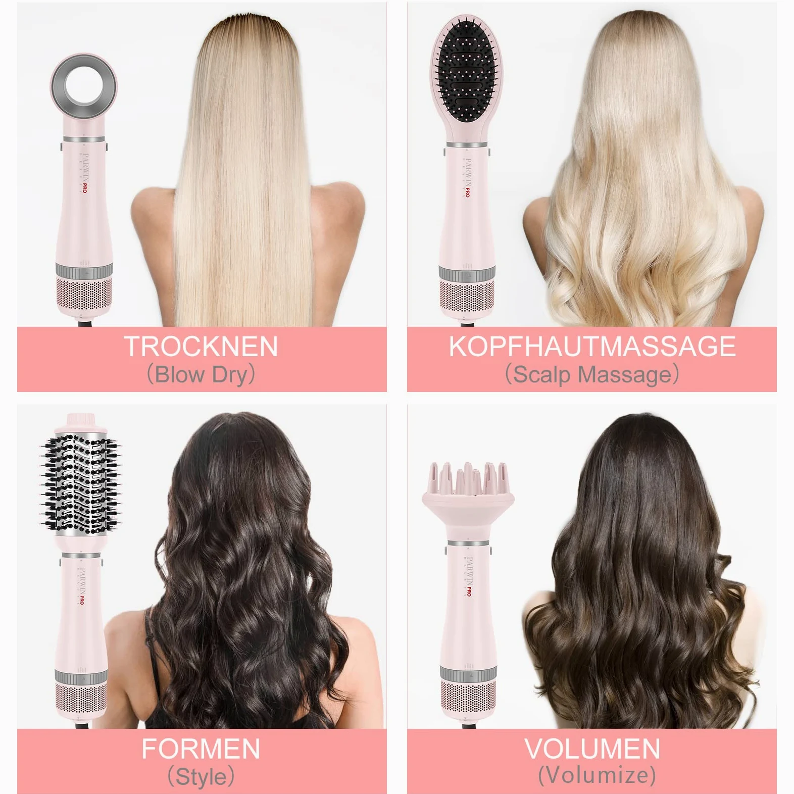 4 IN 1 Haartrockner Warmluftbürste Set, PARWIN PRO BEAUTY Styler-Set, Föhnbürste Lockenbürste mit 4 Aufsätze zum Trocknen, Glätten, Volumen und Stylen, Ionen Pflege, Geschenke machen(Rosa)