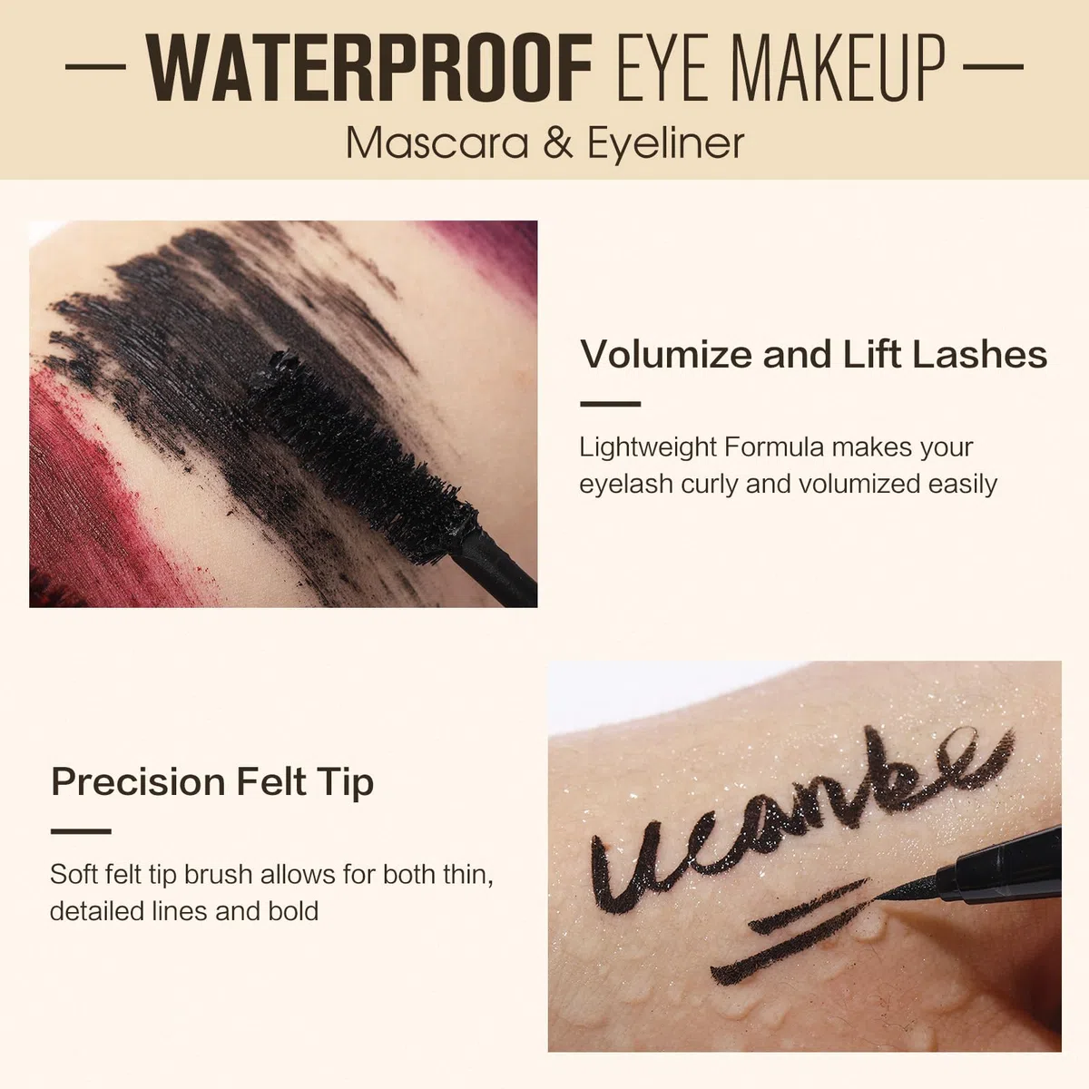 UCANBE Mascara Eyeliner Set, Wasserfeste Bunte Augenschminke - Mascara für Natürlich Aussehende, Lang Anhaltende, Geschwungene Wimpern, Eyeliner für Wischfeste, Farbechte Ergebnisse (Beerenrot)