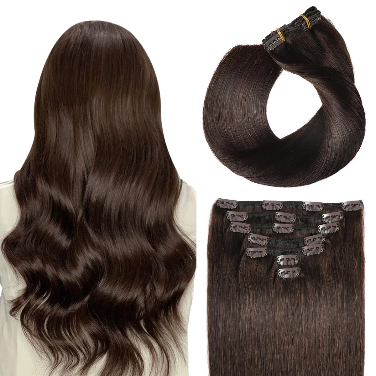SUYYA Clip in Extensions Echthaar, Salon Remy Menschenhaar Extensions Echthaar Gerade Glatt Chthaar Extensions Clip Doppelt Genäht 14 Zoll 35cm 7 Stück 70G #2 Dunkel Braun