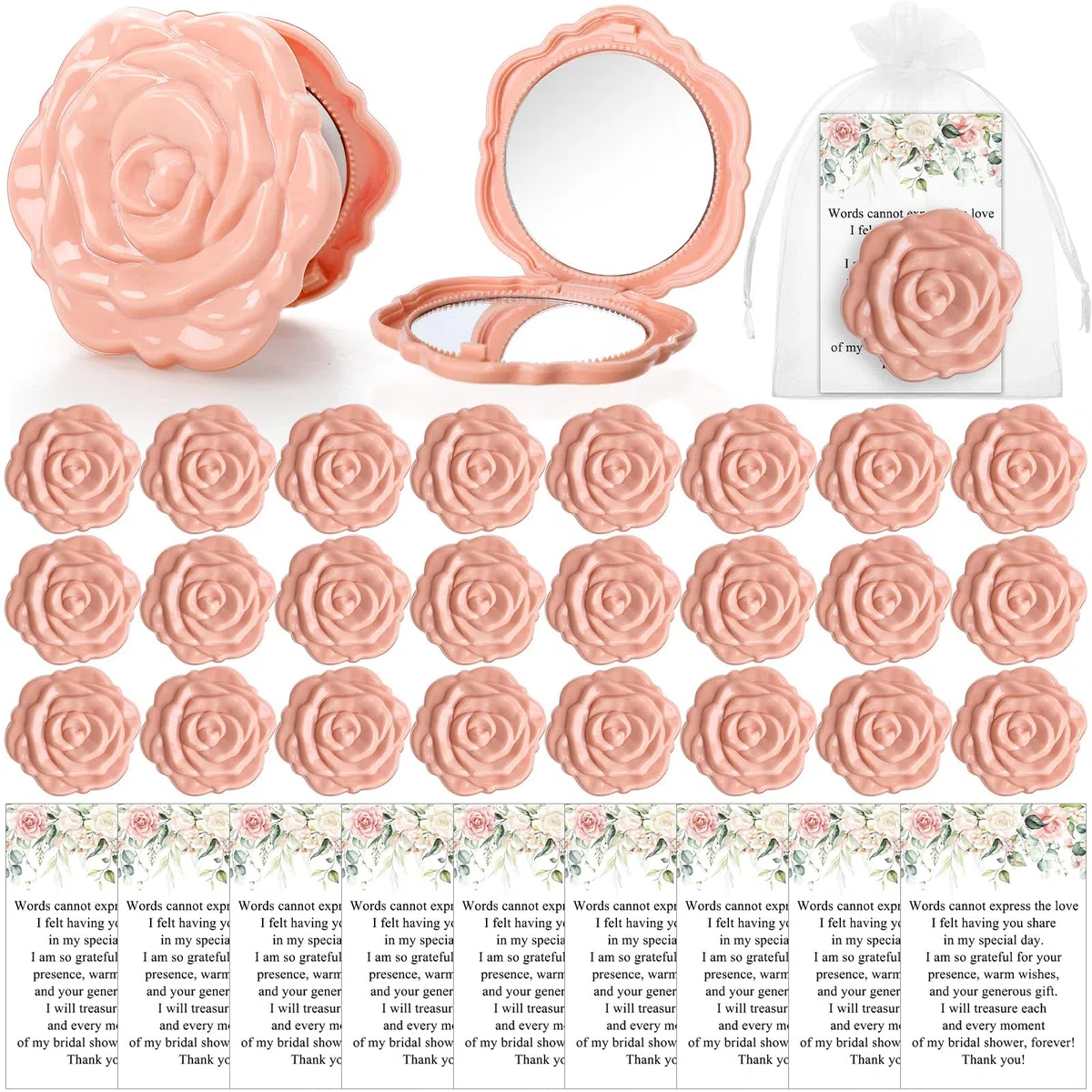 FoldTier 30 Sets Brautparty-Gastgeschenke für Gäste, kleine Rose, Kompaktspiegel, Großpackung, Hochzeitsgeschenke, Dankeskarten und Organza-Beutel, Hochzeitsfeier, Gäste, Souvenir, Geschenk (rosa