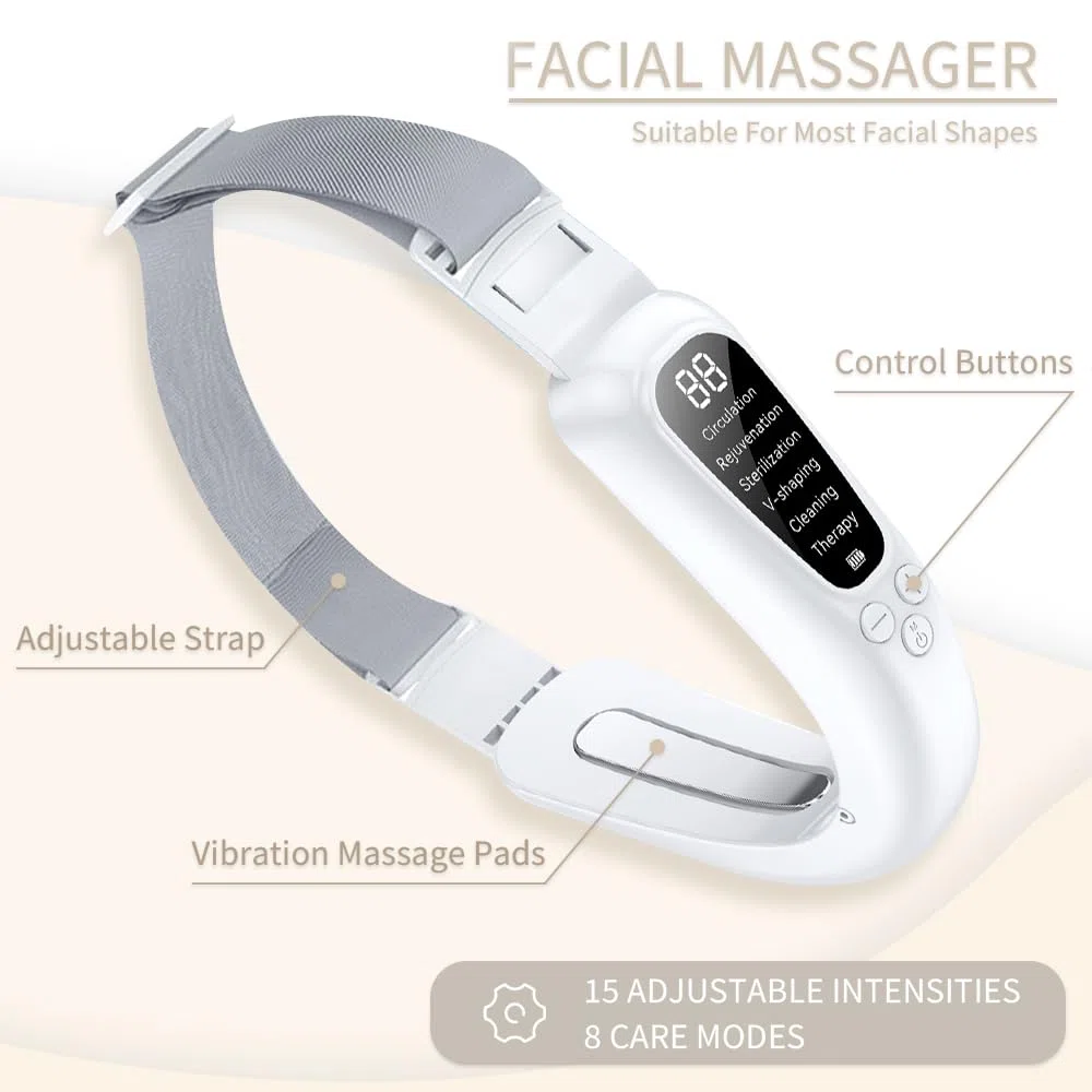Pinkiou Doppelkinn Entferner, EMS V-Gesichtsmassagegerät mit EMS Mikrostrom & 42°C Wärmetherapie, 6 Modi & 15 Intensitätsstufen für Kinn & Kieferpartie, LED-Display, Typ-C Tragbares Lademodell
