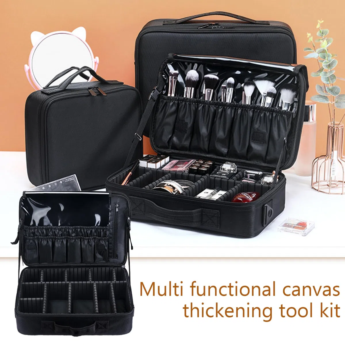 Make up Tasche, tragbares Kosmetik Organizer Etui mit verstellbaren Trennwänden, Oxford Stoff, Pinsel Aufbewahrung, Make up Aufbewahrungstasche