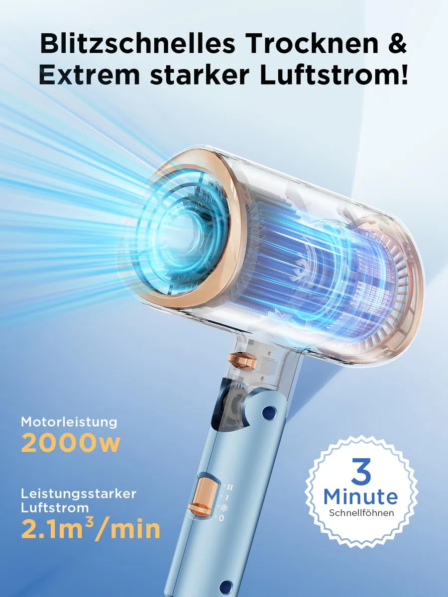 Föhn 2000W, Haartrockner mit Diffusor, Ionen Haarföhn, 3 Heizstufen, Kaltluft-Taste, Klappbar Reiseföhn für Frauen & Männer, Leicht, Leise, Hair Dryer, Haarpflege Styling Tool für Zuhause, Reise